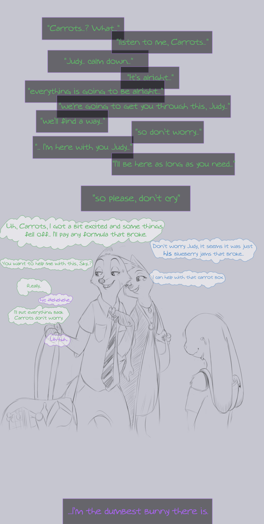 anthro black_and_white canine clothed clothing comic crying dialogue disney english_text female fox fur judy_hopps lagomorph line_art male mammal monochrome nick_wilde skye_(zootopia) tears text unknown_artist zootopia