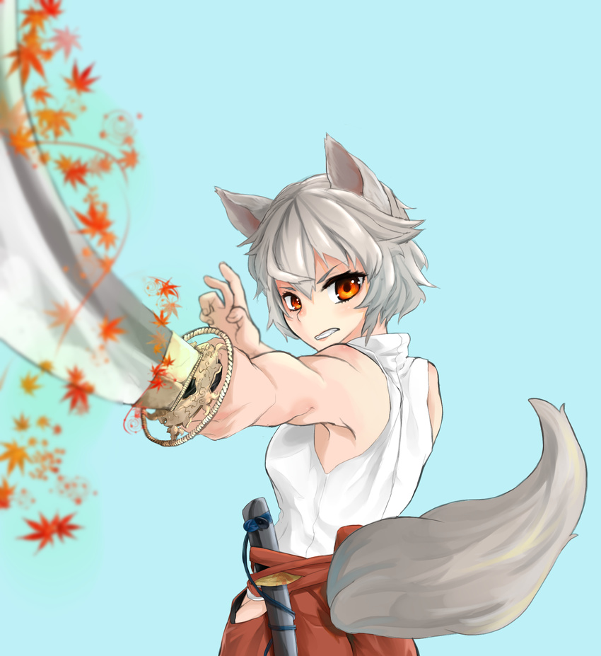 adapted_costume animal_ears aura back bangs breasts clenched_teeth cowboy_shot foreshortening from_behind grey_hair hair_between_eyes hakama_pants hand_up highres hip_vent hofuriko holding holding_sword holding_weapon inubashiri_momiji leaf leaf_print maple_leaf medium_breasts orange_eyes pants red_pants scabbard sheath shirt short_hair sleeveless sleeveless_shirt solo stance sword tail teeth touhou unsheathed weapon white_shirt wolf_ears wolf_tail