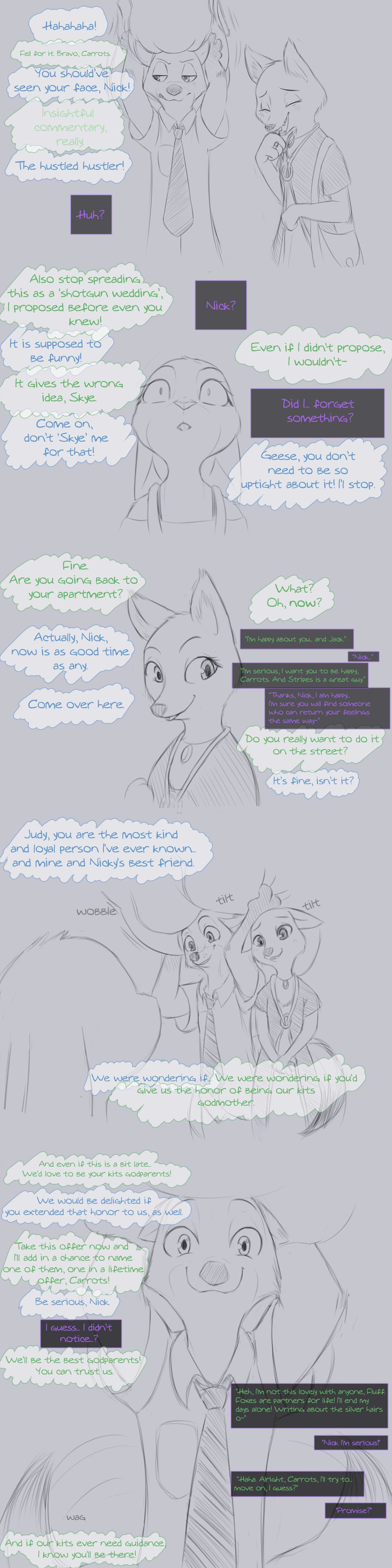 anthro black_and_white canine clothed clothing comic dialogue disney english_text female fox fur judy_hopps lagomorph line_art male mammal monochrome nick_wilde skye_(zootopia) text unknown_artist zootopia