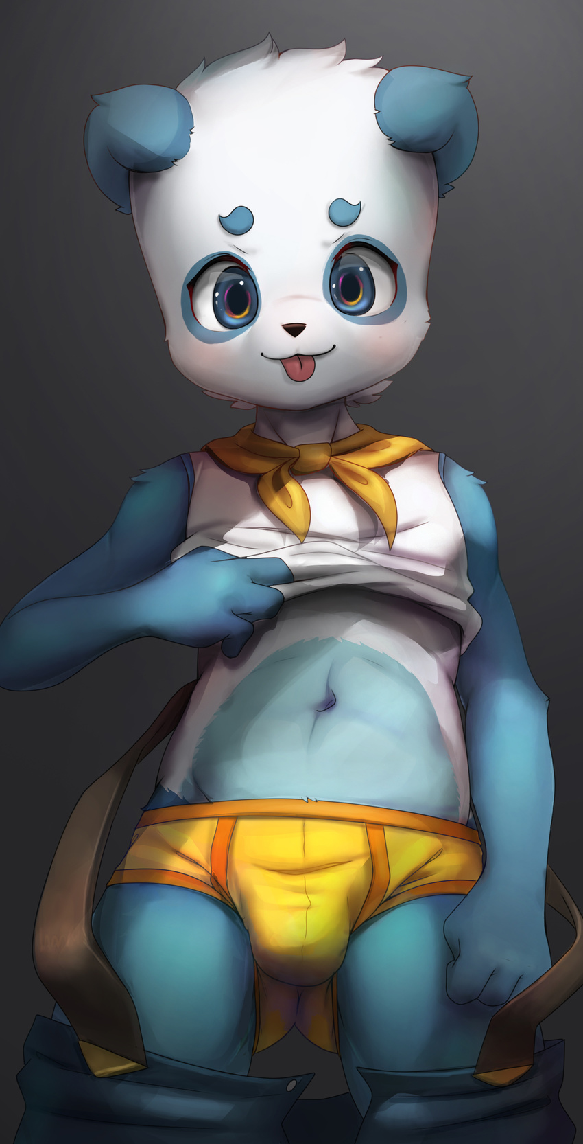 4_fingers alternate_version_available anthro bear blue_eyes blue_fur briefs bulge child clothed clothing clothing_lift cub fur looking_at_viewer male mammal navel panda ruugiaruu shirt shirt_lift solo tongue tongue_out underwear white_fur young