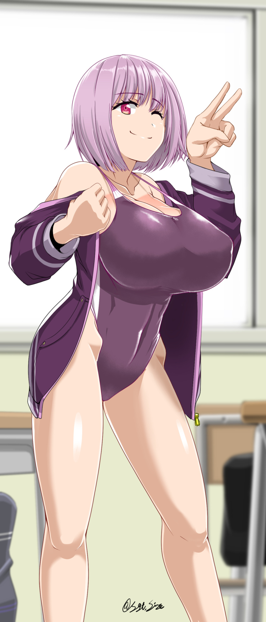 1girl absurdres bag blurry breasts classroom cleavage competition_swimsuit depth_of_field erect_nipples highres hip_bones large_breasts lavender_hair looking_at_viewer off_shoulder one-piece_swimsuit one_eye_closed pink_eyes purple_hair saizu_nitou_gunsou school_bag shinjou_akane short_hair smile solo ssss.gridman standing strap_gap swimsuit twitter_username v window