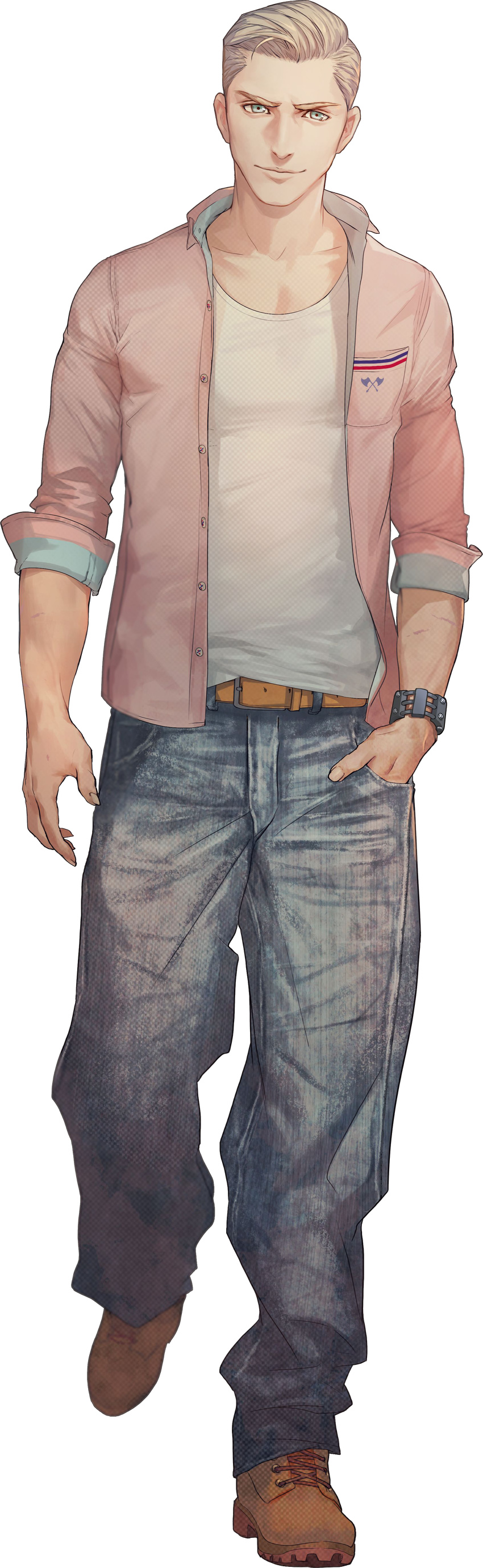 absurdres baggy_pants belt blonde_hair boots burn_scar carlos collarbone denim full_body green_eyes hand_in_pocket highres jeans kyokugen_dasshutsu male_focus muscle official_art pants scar smile solo tomono_rui transparent_background zero_time_dilemma