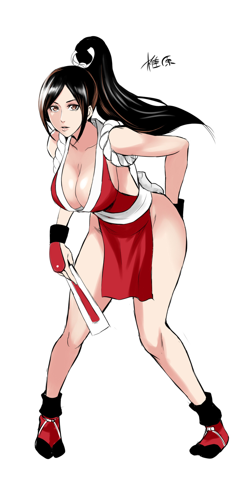 absurdres breasts brown_eyes brown_hair cleavage closed_fan dead_or_alive dead_or_alive_5 fan fatal_fury folding_fan highres japanese_clothes large_breasts long_hair ninja pelvic_curtain ponytail revealing_clothes rope shibusun shiranui_mai sideboob solo the_king_of_fighters