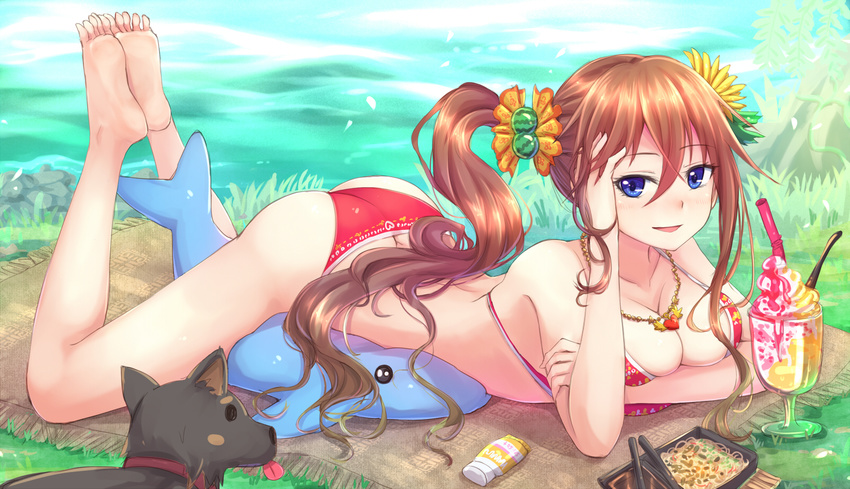 ass barefoot bikini blue_eyes blush breast_press breasts brown_hair cleavage collarbone dog eyelashes feet_together flower food hair_bobbles hair_flower hair_ornament highres ice_cream jewelry knees_apart_feet_together large_breasts long_hair looking_at_viewer lotion lying necklace obentou on_stomach original parted_lips red_bikini side_ponytail smile solo stuffed_animal stuffed_dolphin stuffed_toy suikakitsu_shiro sunscreen swimsuit the_pose water xia_you_qing yakisoba