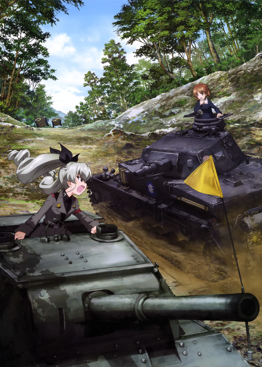 absurdres anchovy anglerfish anzio_military_uniform carro_armato_p40 carro_veloce_cv-33 emblem flag girls_und_panzer ground_vehicle highres military military_uniform military_vehicle motor_vehicle multiple_girls nishizumi_miho official_art ooarai_(emblem) ooarai_military_uniform panzerkampfwagen_iv short_hair tank throat_microphone twintails uniform weapon