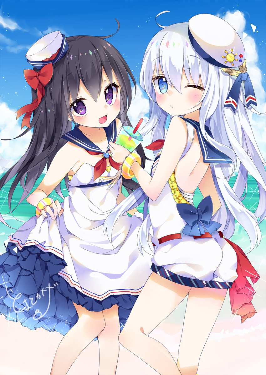 akatsuki_(kantai_collection) bangle bare_back beach black_hair blue_eyes bow bracelet chico152 collarbone day dress eyebrows eyebrows_visible_through_hair hair_bow hat hibiki_(kantai_collection) highres jewelry jpeg_artifacts kantai_collection long_hair looking_at_viewer multiple_girls ocean one_eye_closed outdoors purple_eyes red_bow sailor_dress silver_hair skirt_hold white_hat