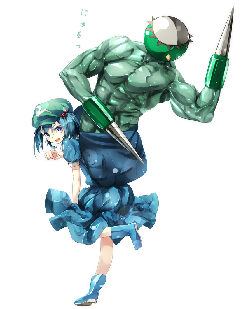 :d backpack bag blue_dress blue_eyes blue_hair boots commentary_request dress drill gorilla_(bun0615) hair_bobbles hair_ornament hat highres kappa kawashiro_nitori looking_at_viewer open_mouth short_hair simple_background smile solo touhou translation_request two_side_up white_background