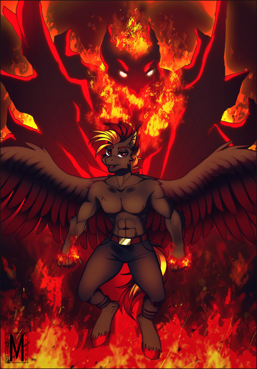 2016 5_fingers anthro blonde_hair brown_feathers brown_fur clothed clothing duo equine fan_character feathered_wings feathers fire fur hair hooves looking_at_viewer male mammal margony midriff my_little_pony navel open_mouth pegasus red_eyes red_hair smile topless white_eyes wings