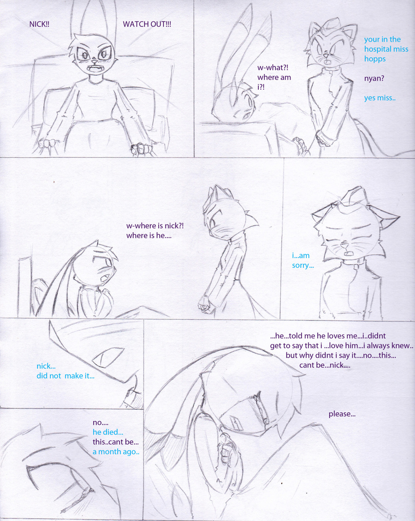 anthro bandage blood canine carrying cat clothing comic crying disney feline female hi_res hospital judy_hopps lagomorph mammal pace2n9tmaker rabbit simple_background tears wounded zootopia
