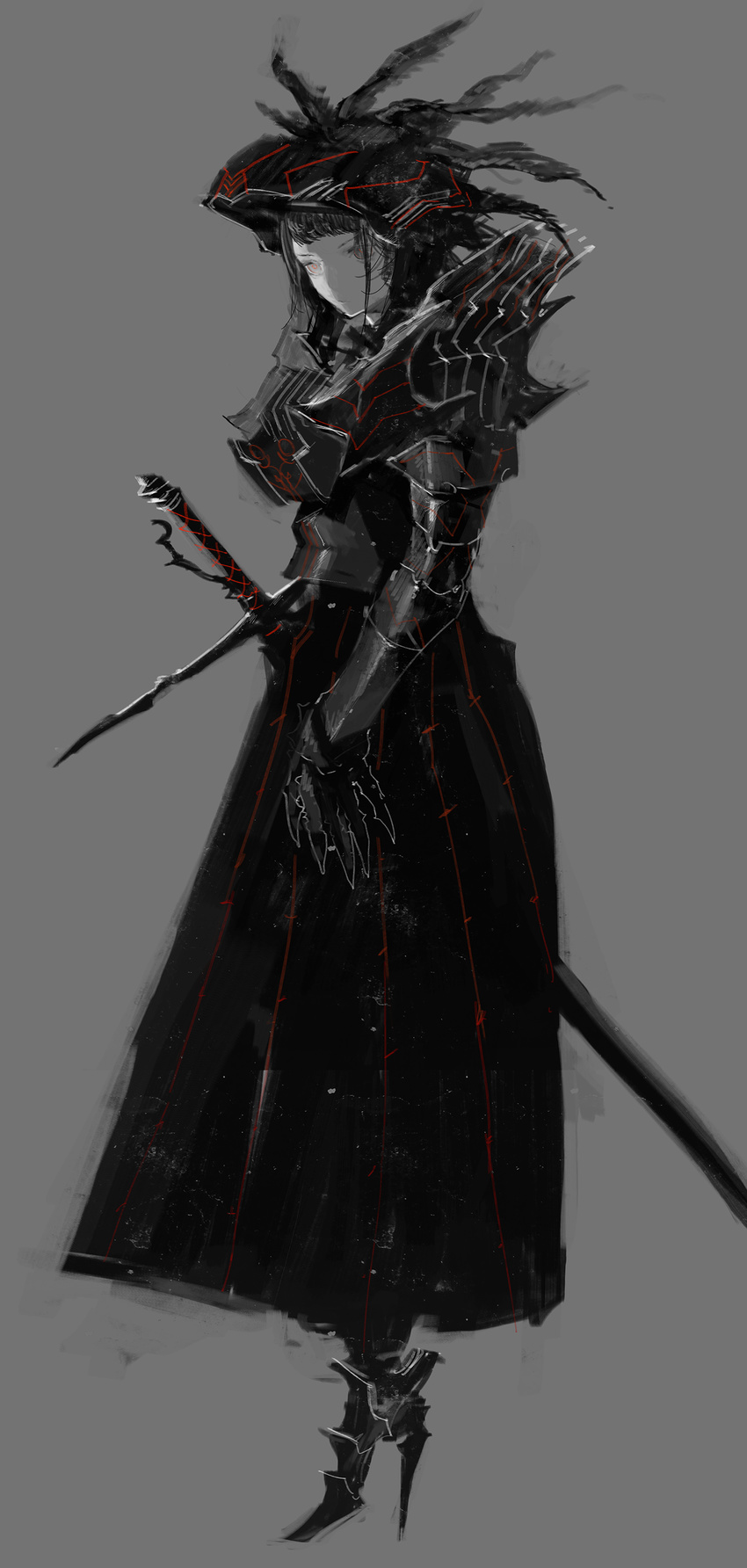 absurdres armor armored_boots armored_dress black_armor black_hair boots dress gauntlets grey_eyes grey_hair helmet high_heel_boots high_heels highres huke looking_at_viewer original sheath sheathed shoulder_armor simple_background solo sword weapon