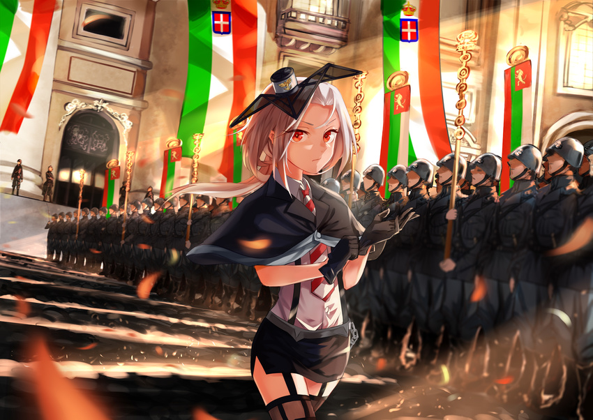6+boys absurdres adjusting_clothes adjusting_gloves banner black_gloves capelet garter_straps gloves hat highres italian_flag italy light_rays lineup long_hair looking_at_viewer military miniskirt multiple_boys necktie pencil_skirt petals red_eyes skirt solo_focus stairs striped striped_neckwear suspenders thighhighs tuzik10 vittorio_veneto_(zhan_jian_shao_nyu) walking white_hair zhan_jian_shao_nyu