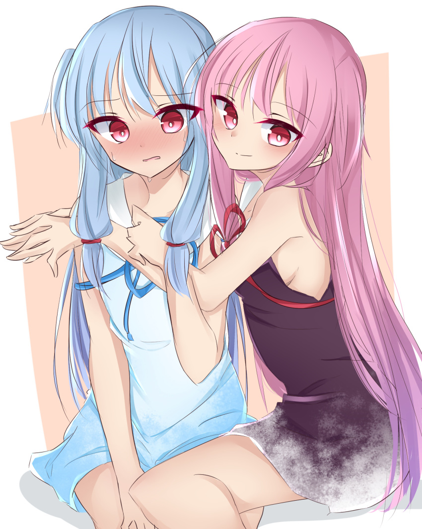 2girls bangs bare_arms bare_legs bare_shoulders blush breasts closed_mouth commentary_request couple dress embarrassed eyebrows_visible_through_hair eyes_visible_through_hair highres kotonoha_akane kotonoha_aoi light_blue_hair long_hair looking_at_viewer multiple_girls nose_blush pink_hair red_eyes short_dress sideboob sidelocks sitting sketch sketch_eyebrows smile sweat tsurime very_long_hair voiceroid wavy_eyes wavy_mouth white_pupils yuri