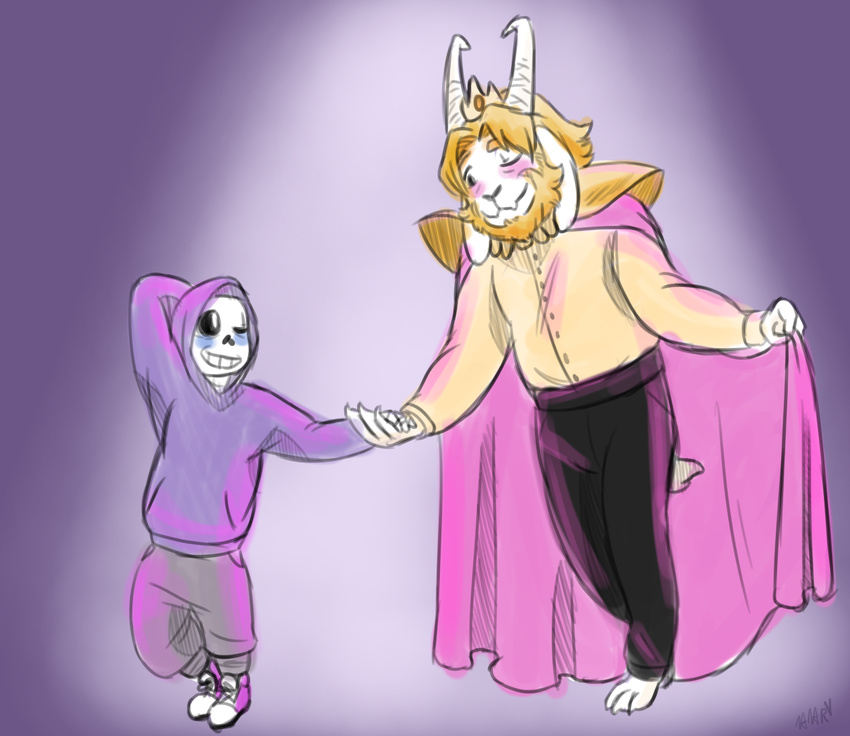 animated_skeleton anthro asgore_dreemurr beard blonde_hair blush bone cape caprine clothing crown dancetale dancing duo facial_hair hair haruhana hoodie male male/male mammal pants sans_(undertale) shirt simple_background skeleton sneakers undead undertale video_games