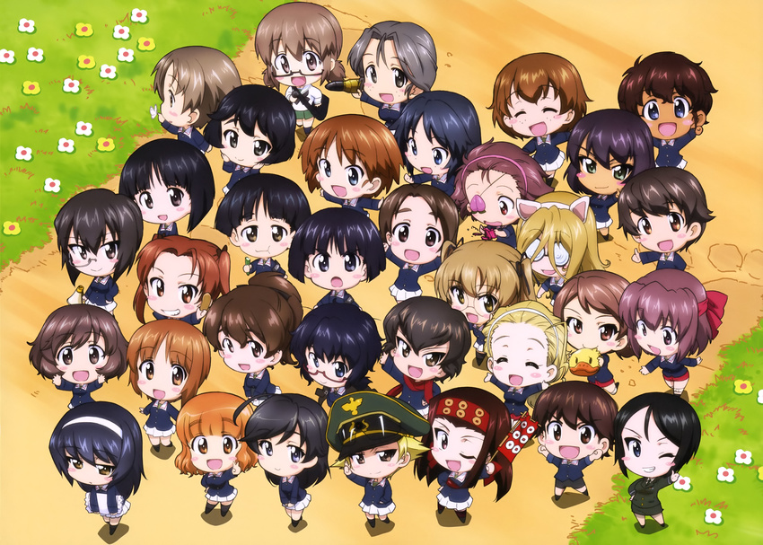 absurdres akiyama_yukari animal_ears bag bandana banner bird bug butterfly caesar_(girls_und_panzer) cat_ears chibi chouno_ami cucumber duck erwin_(girls_und_panzer) eyepatch flower food girls_und_panzer glasses gotou_moyoko grass hair_ribbon hat headband highres hoshino_(girls_und_panzer) insect isobe_noriko isuzu_hana japan_ground_self-defense_force japan_self-defense_force kadotani_anzu kawanishi_shinobu kawashima_momo kondou_taeko konparu_nozomi koyama_yuzu maruyama_saki megaphone microphone military military_hat military_uniform momogaa monocle multiple_girls nakajima_(girls_und_panzer) nekonyaa nishizumi_miho official_art one_eye_closed ooarai_military_uniform oono_aya oryou_(girls_und_panzer) ou_taiga pillow piyotan reizei_mako ribbon saemonza sakaguchi_karina sasaki_akebi sawa_azusa school_uniform shoulder_bag sono_midoriko suzuki_(girls_und_panzer) sweet_potato takebe_saori tank_shell thighhighs tsuchiya_(girls_und_panzer) twintails uniform utsugi_yuuki weapon yamagou_ayumi