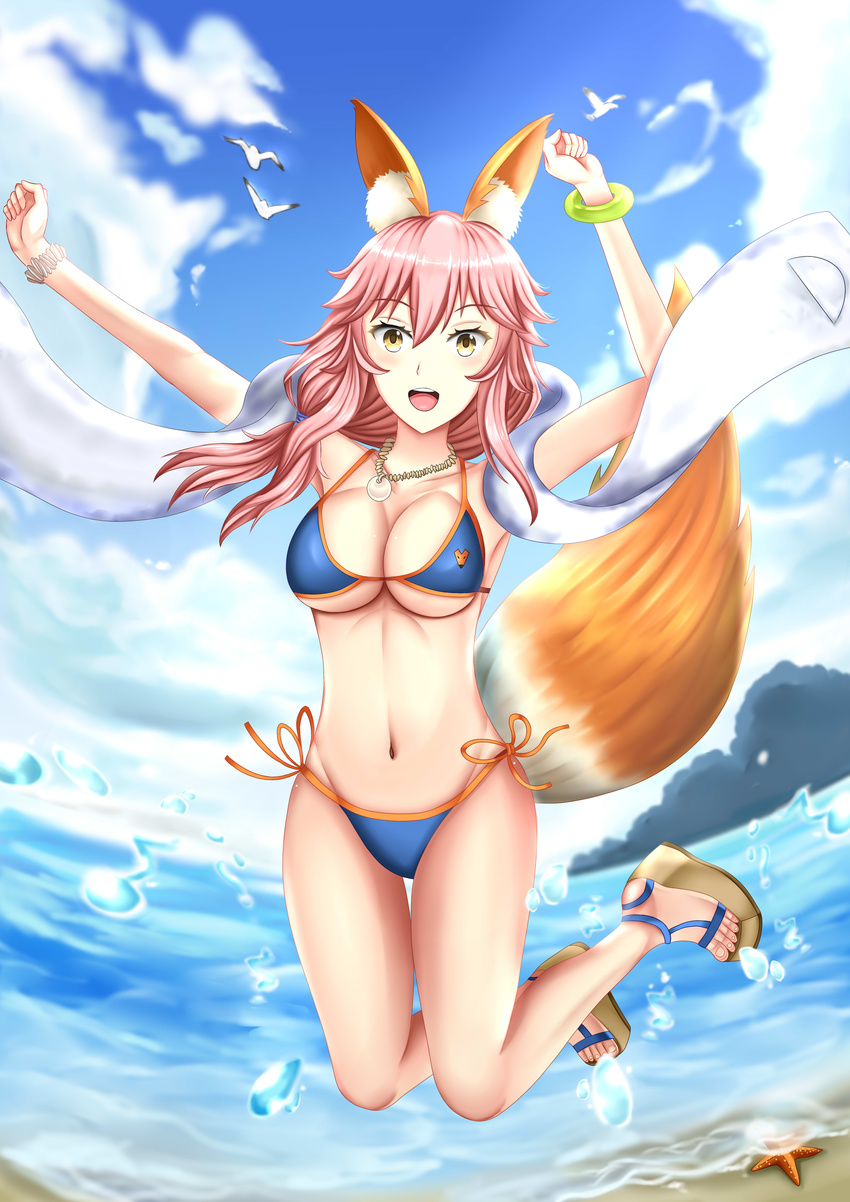 absurdres animal_ears bikini bird breasts cleavage collarbone fate/extra fate/grand_order fate_(series) fox_ears fox_tail groin highres jewelry jumping navel necklace open_mouth patrickj1703 pink_hair side-tie_bikini solo summer swimsuit tail tamamo_(fate)_(all) tamamo_no_mae_(fate) yellow_eyes