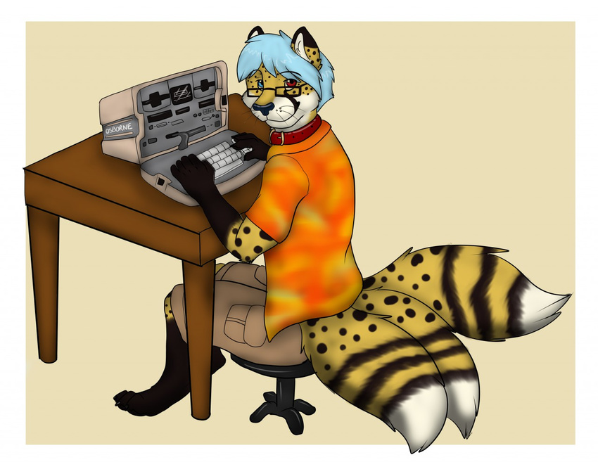 blue_hair canine chair cheetah clothed clothing collar computer eyewear feline fox glasses hair heterochromia hybrid jupiter_fox keyboard male mammal multi_tail neko_ed table