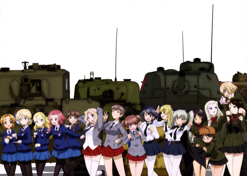 absurdres alina_(girls_und_panzer) alisa_(girls_und_panzer) anchovy anzio_school_uniform assam black_neckwear blue_sweater carpaccio carro_veloce_cv-33 churchill_(tank) clara_(girls_und_panzer) cup darjeeling dress_shirt girls_und_panzer ground_vehicle highres katyusha kay_(girls_und_panzer) m4_sherman military military_uniform military_vehicle motor_vehicle multiple_girls naomi_(girls_und_panzer) necktie nina_(girls_und_panzer) nonna official_art orange_pekoe pantyhose pepperoni_(girls_und_panzer) pravda_military_uniform rosehip rukuriri saunders_school_uniform shirt smile st._gloriana's_school_uniform sweater t-34 tank teacup thighhighs tiger_i uniform v v-neck white_shirt