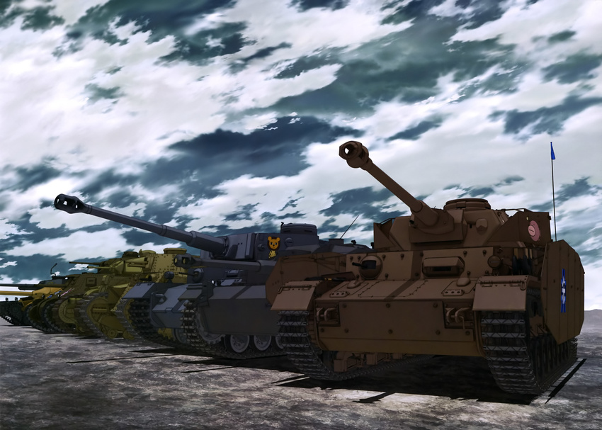 absurdres anglerfish caterpillar_tracks char_b1 cloud cloudy_sky day emblem girls_und_panzer ground_vehicle highres jagdpanzer_38(t) leopon_(animal) m3_lee military military_vehicle motor_vehicle no_humans official_art ooarai_(emblem) outdoors panzerkampfwagen_iv shadow sky sturmgeschutz_iii tank tank_focus tiger_(p) type_3_chi-nu type_89_i-gou