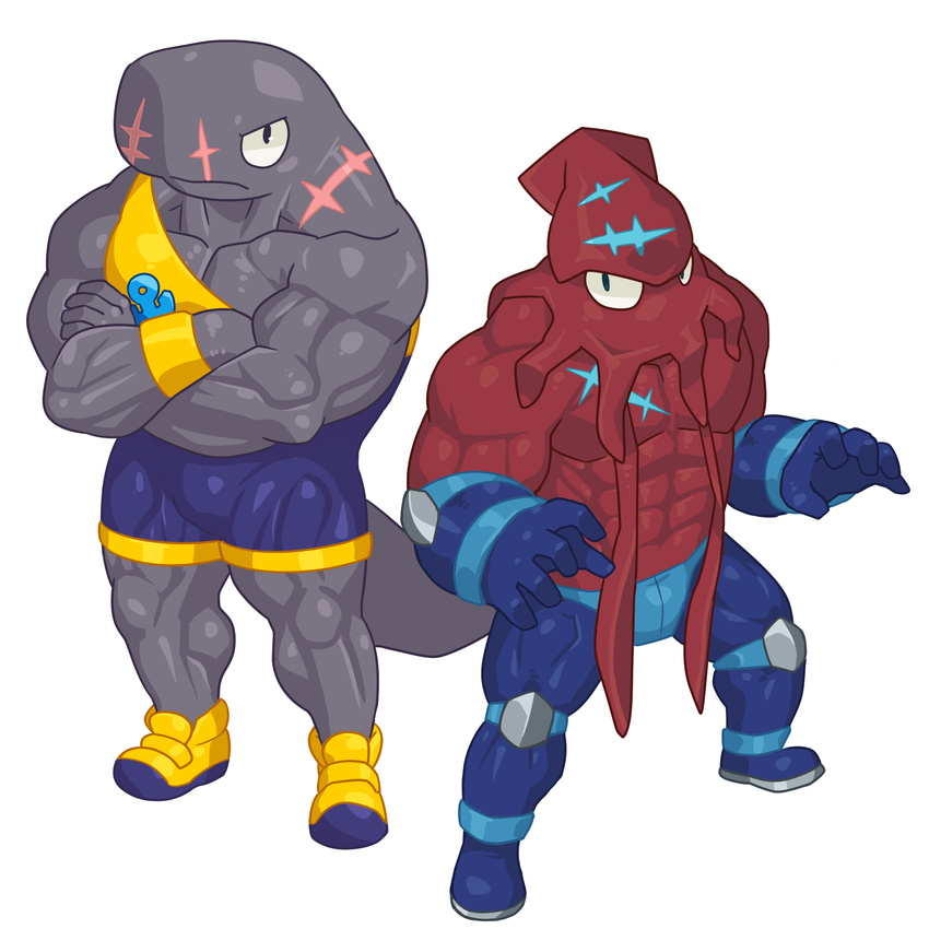 2015 5_fingers abs anthro biceps big_biceps big_muscles blue_clothing calamari cephalopod cetacean clothed clothing crossed_arms cute cyan_markings cyan_scales digital_drawing_(artwork) digital_media_(artwork) duo elbow_pads fighting_stance fin footwear front_view frown full-length_portrait giant_squid glare hair huge_muscles humanoid_hands knee_pads long_hair male male/male mammal manly marine markings muscular no_iris noseless pecs plain_white portrait pose purple_clothing quads samudra_aquarium scales scalie scar serratus shiny shiny_body shoes simple_background sperm_whale squid standing submarine_(plain_white) symbol tailfin tentacle_hair tentacles thick_neck topless triceps whale white_background wrestler wrestling_singlet