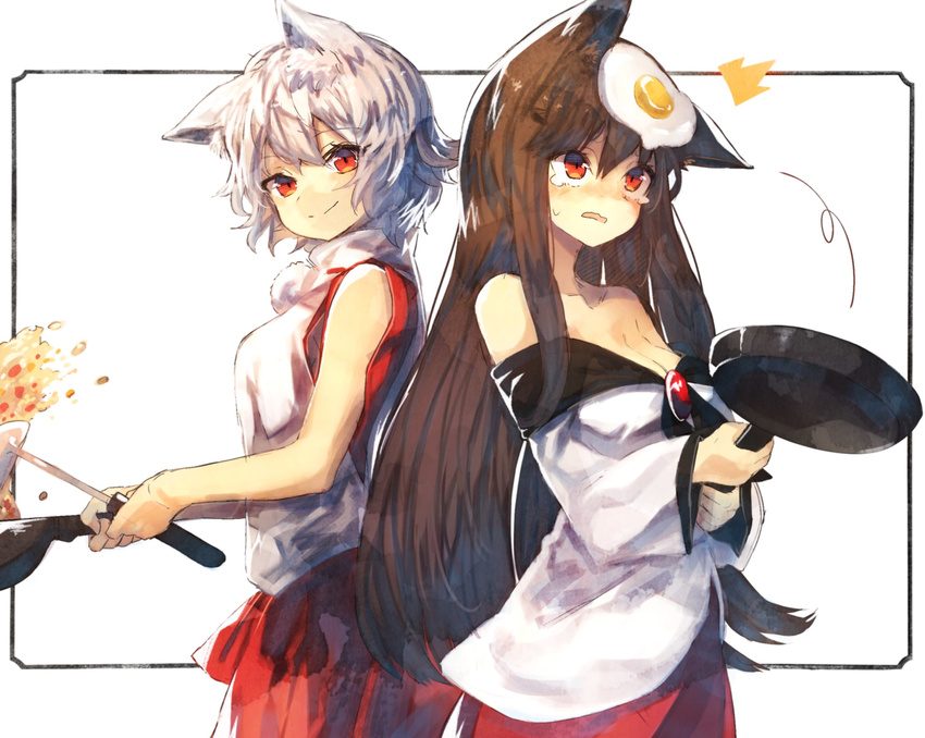 animal_ears bad_id bad_twitter_id bare_arms bare_shoulders black_hair blush breasts brooch brown_hair cleavage closed_mouth collarbone cooking cowboy_shot crying crying_with_eyes_open dress egg eyebrows eyebrows_visible_through_hair failure flipping_food food food_on_head fried_egg fried_rice frying_pan highres imaizumi_kagerou inubashiri_momiji jewelry kasuka_(kusuki) ladle large_breasts long_hair looking_at_viewer medium_breasts multiple_girls object_on_head off-shoulder_dress off_shoulder pom_pom_(clothes) red_eyes red_skirt simple_background skirt smile standing sweatdrop tears touhou wavy_mouth white_background white_hair wok wolf_ears