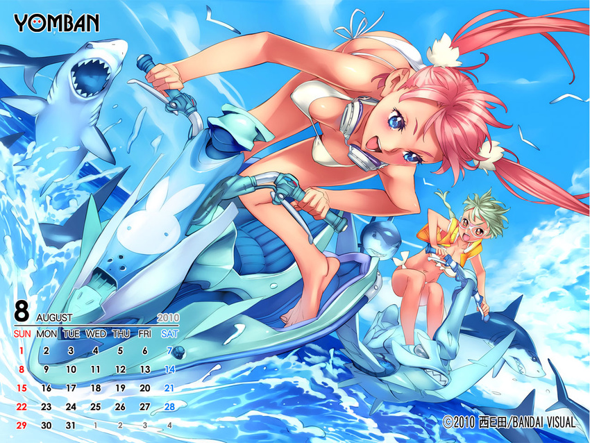 2girls august barefoot bikini bird braid calendar_(medium) feet glasses goggles green_hair jet_ski legs multiple_girls nishieda ocean open_mouth original pink_hair seagull shark swimsuit twintails wallpaper yomban