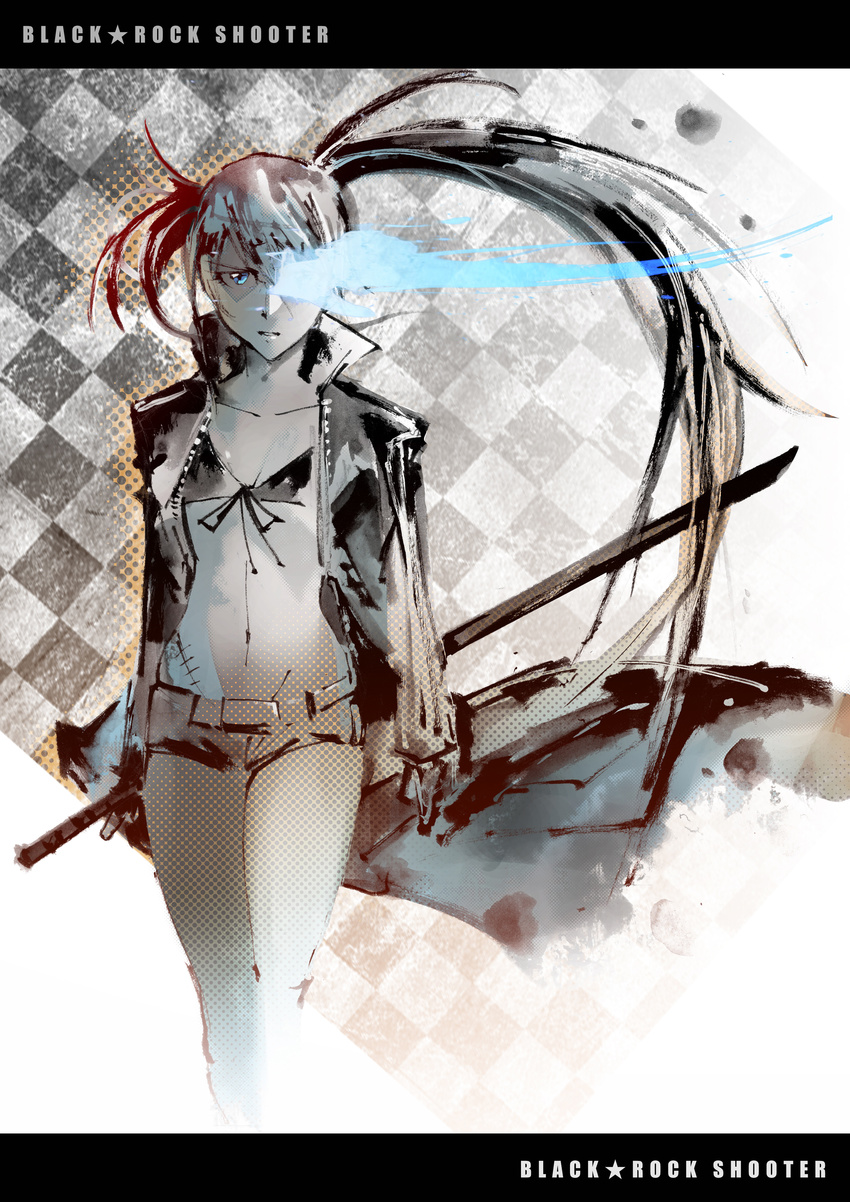 absurdres bad_id bad_pixiv_id bikini_top black_hair black_rock_shooter black_rock_shooter_(character) blue_eyes burning_eye checkered checkered_background front-tie_top glowing glowing_eye highres ikuyoan jacket long_hair navel scar short_shorts shorts solo stitches sword twintails uneven_twintails weapon