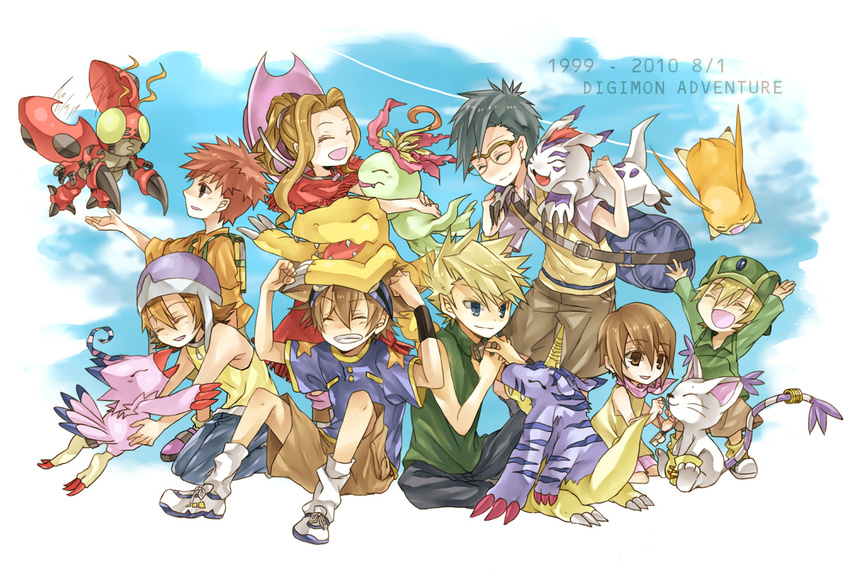 5boys agumon bag blonde_hair blue_eyes blue_hair brown_eyes brown_hair digimon digimon_adventure everyone fur gabumon glasses gloves goggles gomamon hat horns ishida_yamato izumi_koushirou kido_jou konagonana long_hair monster multiple_boys multiple_girls open_mouth palmon patamon piyomon short_hair shorts smile tachikawa_mimi tailmon takaishi_takeru takenouchi_sora tentomon yagami_hikari yagami_taichi