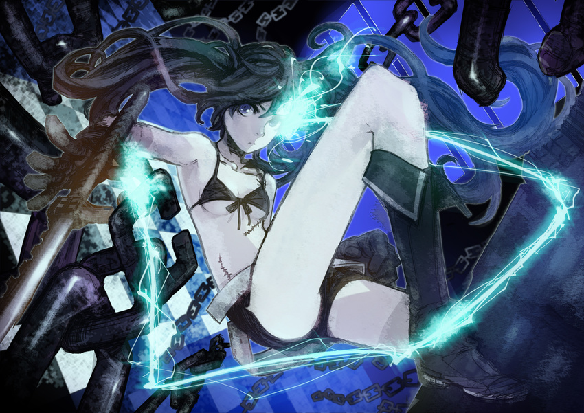 :&lt; absurdres armpits bare_shoulders belt bikini_top black_rock_shooter black_rock_shooter_(character) blue_eyes boots breasts burning_eye chain collarbone from_below highres knee_boots leg_lift long_hair medium_breasts scar shorts solo stregoicavar sword twintails underboob weapon