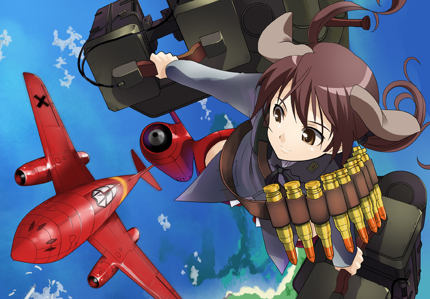 aasara aircraft airplane animal_ears bandolier brown_eyes brown_hair flying gertrud_barkhorn me_262 solo strike_witches twintails uniform world_witches_series