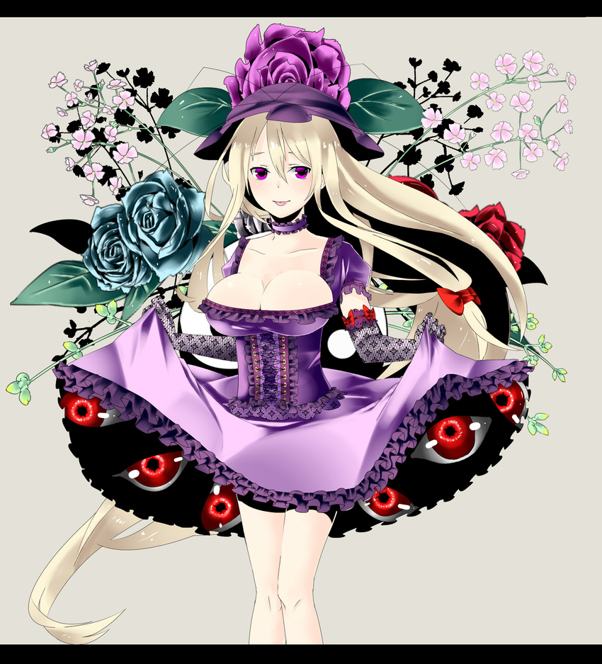 :p blonde_hair blue_flower blue_rose bow breasts cleavage corset curtsey dress elbow_gloves eyes flower gap gloves hair_bow hat highres large_breasts long_hair purple_eyes purple_flower purple_rose red_eyes red_flower red_rose rose shinoi skirt_hold solo tongue tongue_out touhou very_long_hair yakumo_yukari