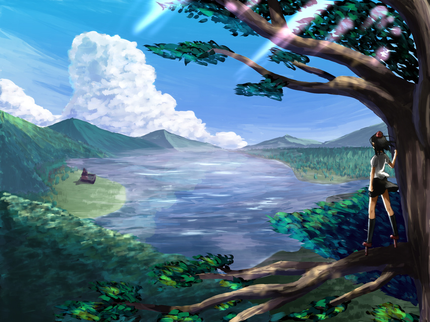 bad_id bad_pixiv_id black_hair black_legwear cloud day geta hassymoon highres kneehighs lake misty_lake nature scarlet_devil_mansion scenery shameimaru_aya short_hair sky socks solo tengu-geta touhou tree