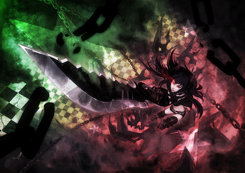 absurdres black_gold_saw black_hair black_rock_shooter burning_eye chain checkered foreshortening highres horns king_saw midriff red_eyes shorts solo sword un weapon