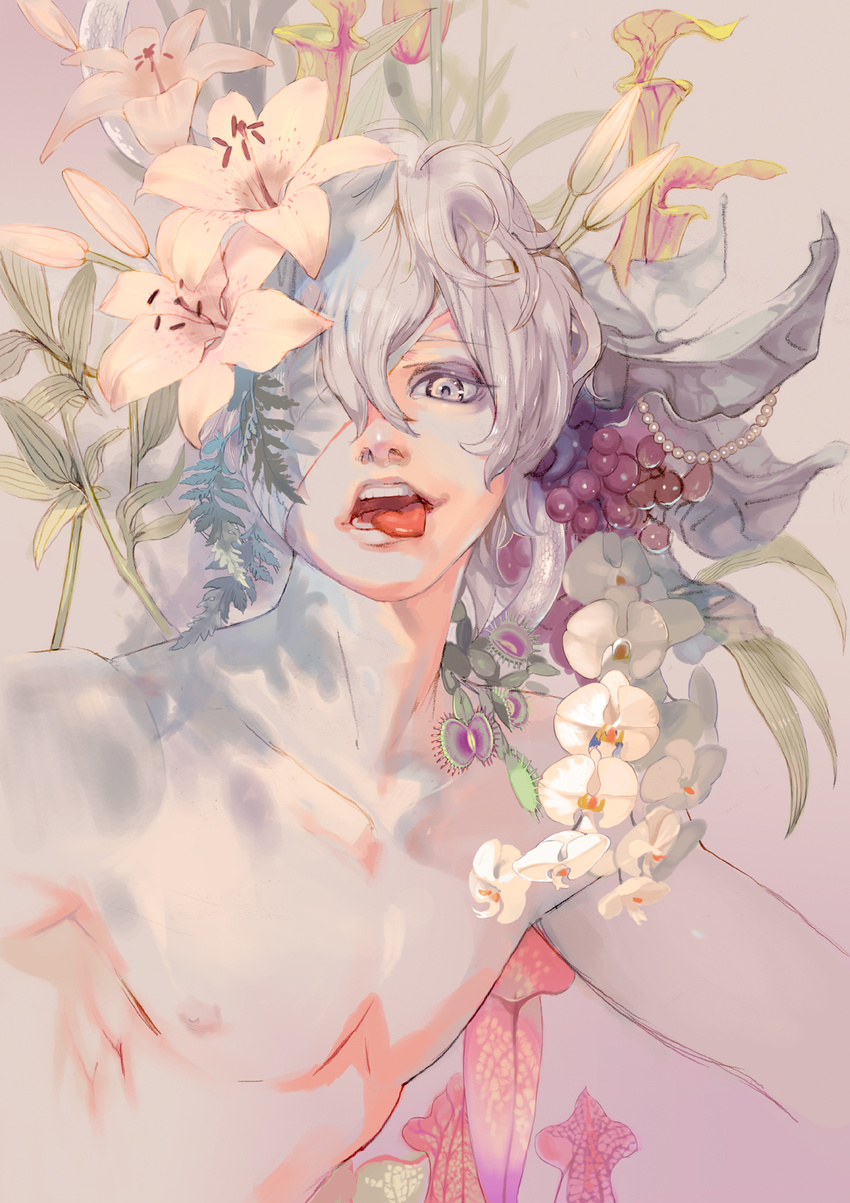 bandage_over_one_eye flower food fruit grapes green_eyes grey_hair highres jewelry lily_(flower) looking_at_viewer male_focus necklace open_mouth orchid original pearl_necklace plant sarracenia shirtless snake solo temoshi tongue tongue_out upper_body venus_flytrap white_hair
