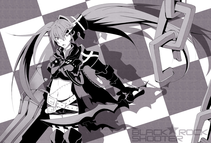 belt black_rock_shooter black_rock_shooter_(character) boots burning_eye chain checkered checkered_background coat cross greyscale highres huge_weapon knee_boots long_hair monochrome navel open_mouth priichu scar shadow shorts solo star sword twintails weapon