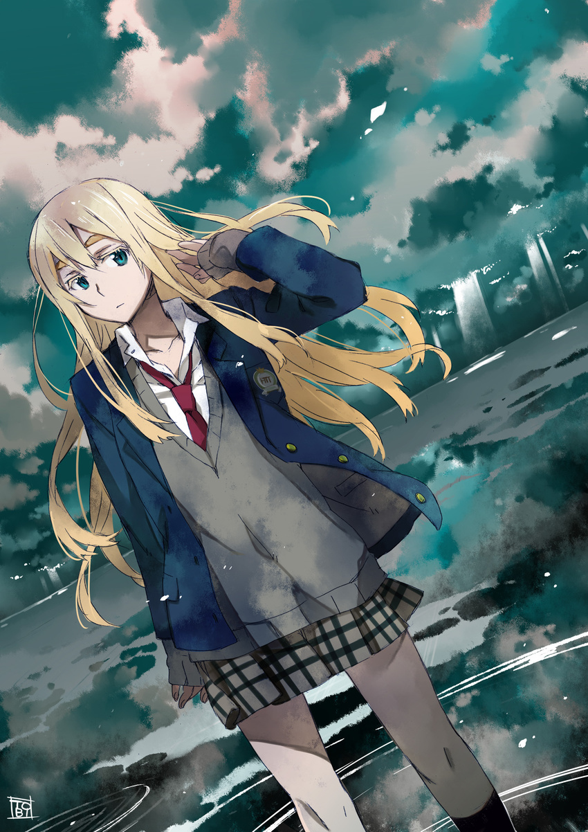 blazer blonde_hair blue_eyes highres jacket k-on! kotobuki_tsumugi long_hair necktie no_thank_you! open_clothes open_jacket plaid plaid_skirt school_uniform skirt solo sweater tobi_(daidaikukan)