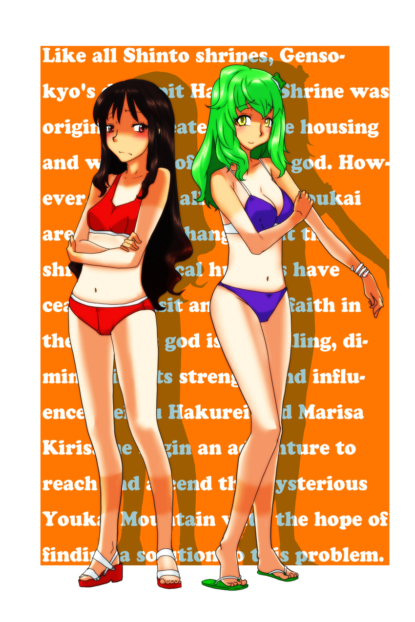 bad_anatomy bakuya bikini blush breast_envy brown_hair frog green_hair hair_ornament hakurei_reimu highres kochiya_sanae long_hair multiple_girls red_eyes sandals snake swimsuit tan tanline touhou yellow_eyes