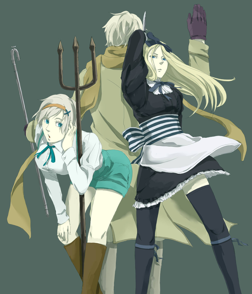 apron axis_powers_hetalia belarus_(hetalia) bent_over black_legwear blonde_hair blue_eyes boots bow breasts brother_and_sister coat dress faucet gloves hair_bow hair_ornament hairband highres knife large_breasts long_hair multiple_girls pitchfork polearm russia_(hetalia) sake_(kadai) scarf short_hair shorts siblings sisters suspenders thighhighs trident ukraine_(hetalia) weapon zettai_ryouiki