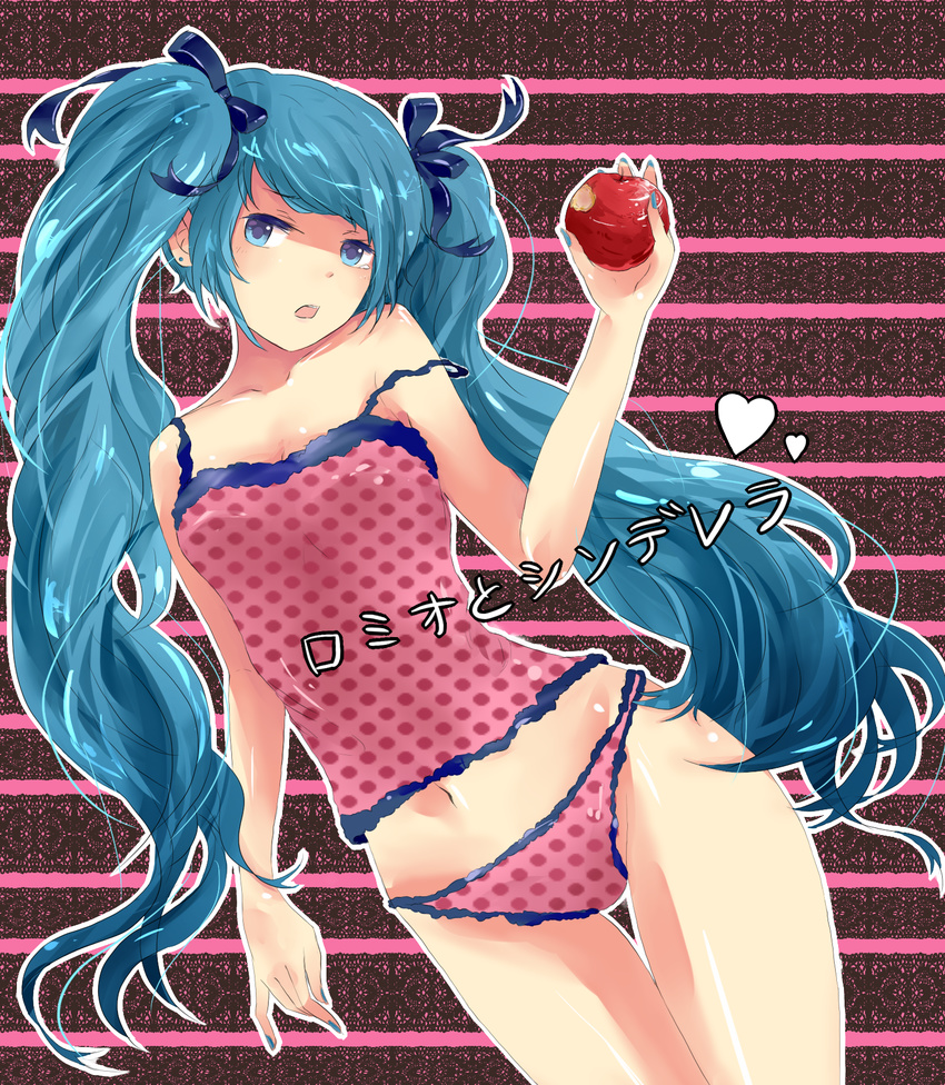 apple aqua_eyes aqua_hair bad_id bad_pixiv_id bow camisole food fruit hair_bow hair_ribbon hatsune_miku highres holding holding_food holding_fruit lingerie long_hair midriff navel panties polka_dot polka_dot_panties ribbon riko_ame romeo_to_cinderella_(vocaloid) solo twintails underwear vocaloid