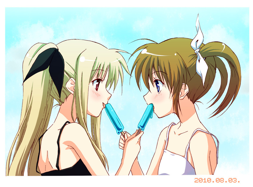 blonde_hair blue_eyes brown_hair fate_testarossa food friends hair_ribbon licking long_hair lyrical_nanoha mahou_shoujo_lyrical_nanoha mahou_shoujo_lyrical_nanoha_a's multiple_girls ootaka_narumi popsicle red_eyes ribbon takamachi_nanoha twintails