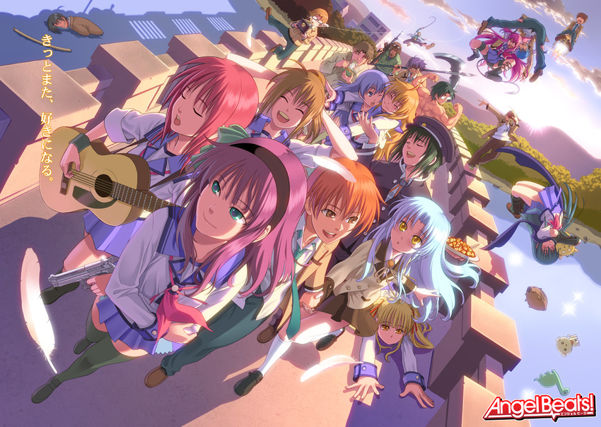 6+girls acoustic_guitar air angel_beats! botan_(clannad) bracelet bridge char_(angel_beats!) clannad closed_eyes dinosaur dutch_angle everyone face feathers fishing_line food fujimaki_(angel_beats!) guitar gun halberd hinata_(angel_beats!) hisako_(angel_beats!) instrument irie_(angel_beats!) iwasawa jewelry kinniku_buster mapo_doufu matsushita multiple_boys multiple_girls naoi_ayato necktie noda_(angel_beats!) noodles ooyama_(angel_beats!) otonashi_(angel_beats!) pairan perspective piledriver polearm potato_(air) ramen rocket saitou_(angel_beats!) school_uniform sekine shiina_(angel_beats!) shirasaya sleeves_rolled_up stuffed_animal stuffed_toy sunrise sword takamatsu takeyama_(angel_beats!) tenshi_(angel_beats!) thighhighs tk_(angel_beats!) translation_request weapon yui_(angel_beats!) yuri_(angel_beats!) yusa_(angel_beats!)