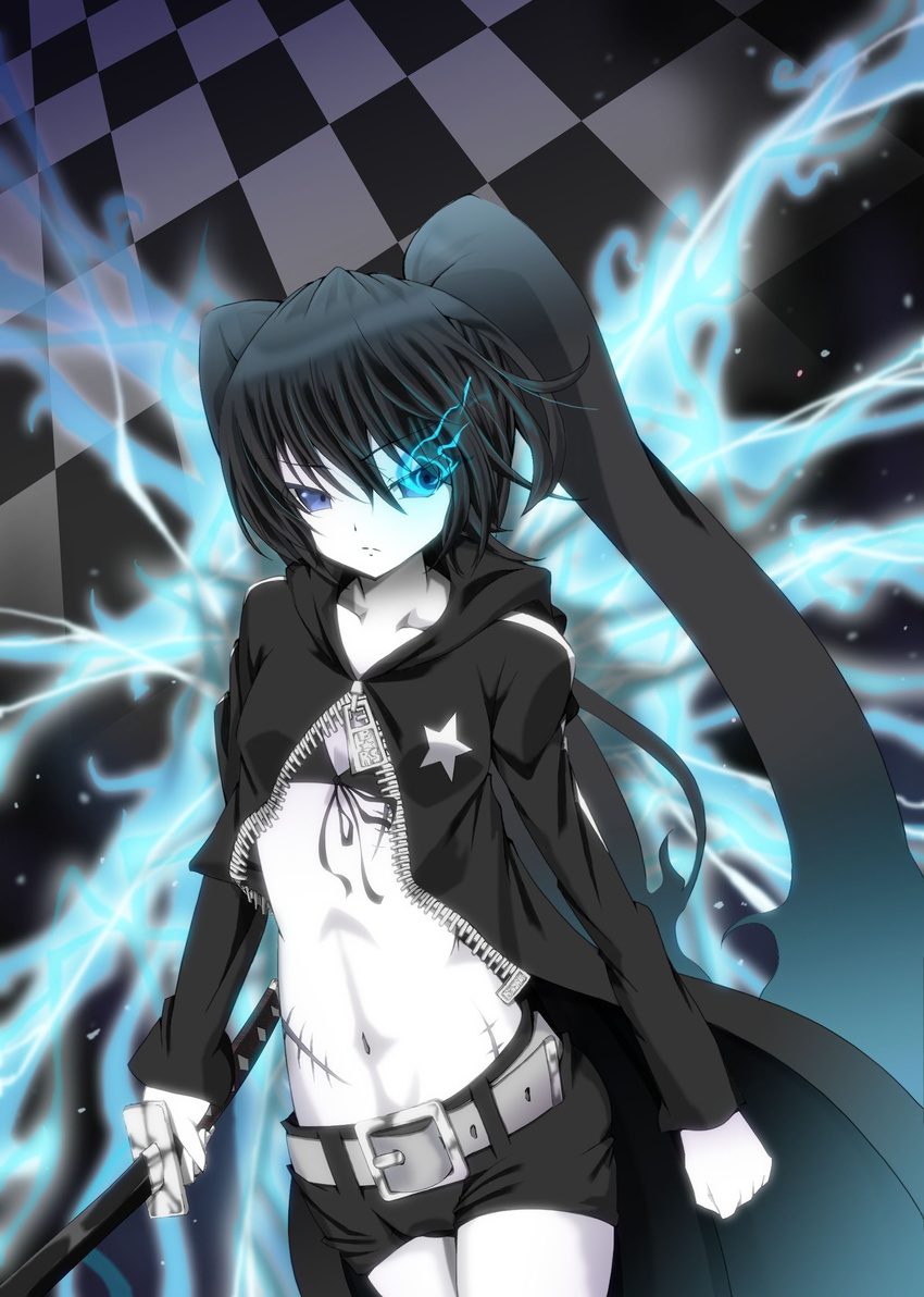 bikini_top black_hair black_rock_shooter black_rock_shooter_(character) blue_eyes blue_fire checkered checkered_floor coat fire highres long_hair pale_skin perspective ruruta scar shorts solo sword twintails weapon