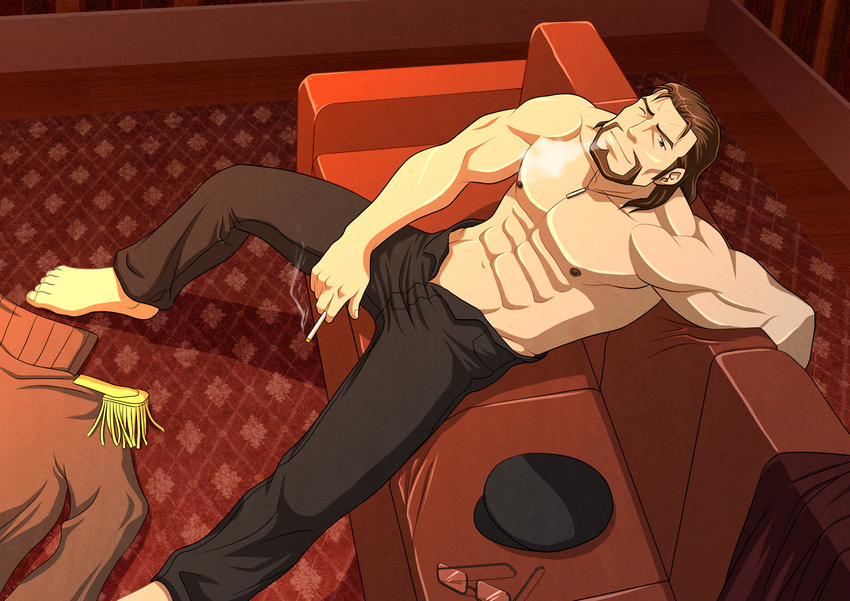 abs bara beard brown_hair cigarette couch epaulettes eyewear_removed facial_hair glasses male_focus muscle radi_jaeger senjou_no_valkyria senjou_no_valkyria_1 shirtless smoking solo zelo-lee