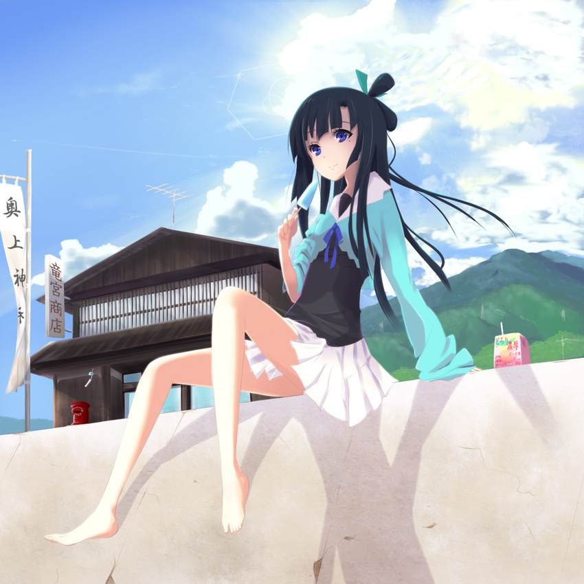 bad_id bad_pixiv_id banner barefoot black_hair blue_eyes cloud day food hair_ribbon house japanese_cylindrical_postbox juice_box lens_flare mokkei mole mole_under_eye mountain nobori ookami-san popsicle postbox_(outgoing_mail) ribbon ryuuguu_otohime school_uniform serafuku sitting skirt sky solo twintails wind_chime