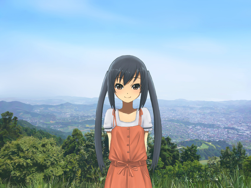 arms_behind_back black_hair blush brown_eyes building casual city day haru_(d) highres k-on! landscape long_hair nakano_azusa scenery sky smile solo tree twintails