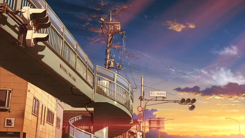 cloud highres isai_shizuka lamppost no_humans original pedestrian_bridge power_lines road_sign scenery sign sky sunlight sunset telephone_pole traffic_light transformer