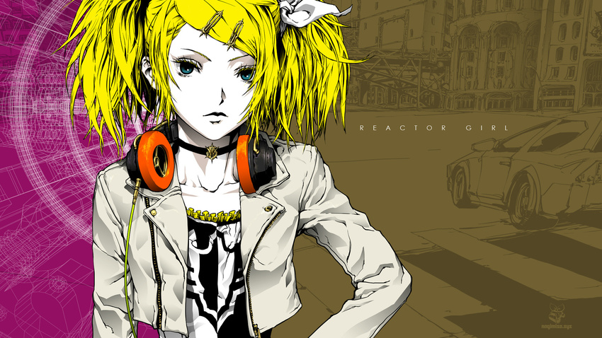 alternate_hairstyle blonde_hair commentary_request cover dvd_cover hair_ornament hair_ribbon hairclip headphones headphones_around_neck highres jacket kagamine_rin long_hair nagimiso ribbon roshin_yuukai_(vocaloid) solo twintails vocaloid wallpaper