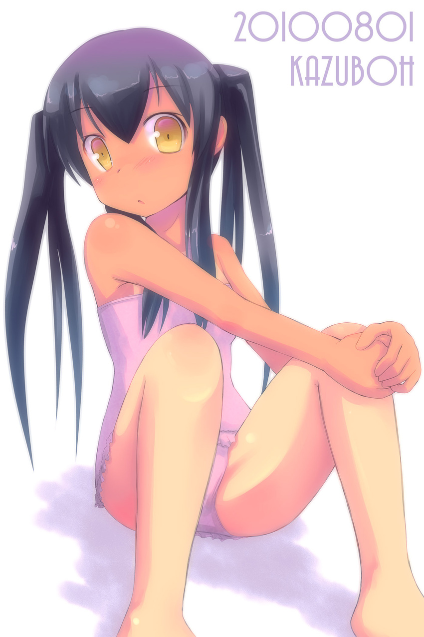 2010 artist_name black_hair casual_one-piece_swimsuit dated highres k-on! kazuboh long_hair looking_at_viewer nakano_azusa one-piece_swimsuit one-piece_tan pink_swimsuit shorts_tan sitting solo swimsuit tan tanline yellow_eyes