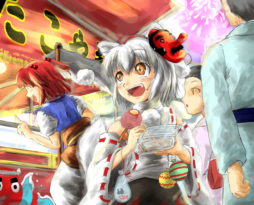 aerial_fireworks candy_apple eating festival fireworks fish food goldfish highres image_sample inubashiri_momiji mask multiple_girls onozuka_komachi pixiv_sample tamasan tengu_mask touhou