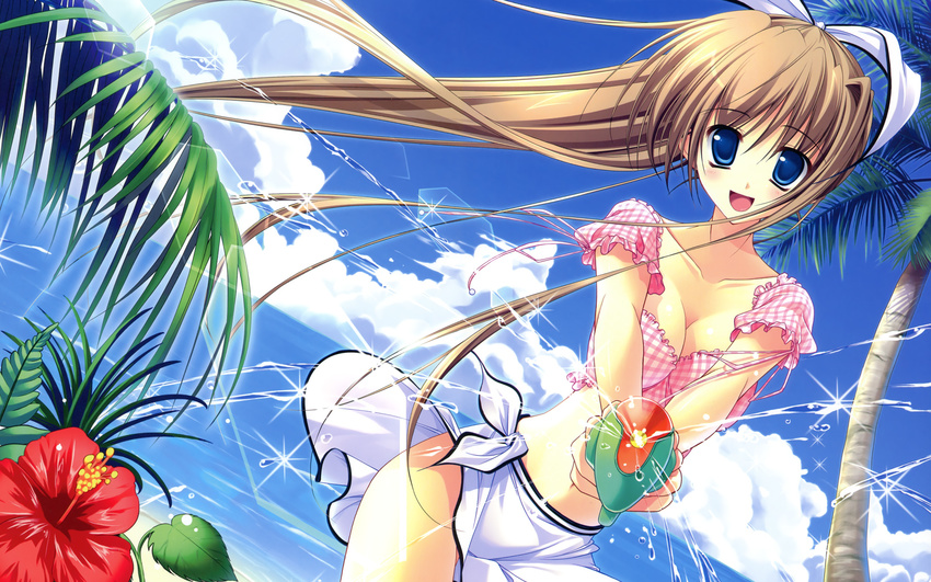 :d beach blouse blue_eyes blush bow breasts brown_hair cleavage cloud copyright_request crop_top day dutch_angle flower frills hair_bow hibiscus highres imageboard_sample lens_flare long_hair looking_at_viewer medium_breasts midriff mitsui_mana ocean open_mouth outdoors palm_tree plaid plaid_shirt sarong shirt skirt sky smile solo sparkle tree very_long_hair wallpaper water water_gun white_sarong wind wind_lift