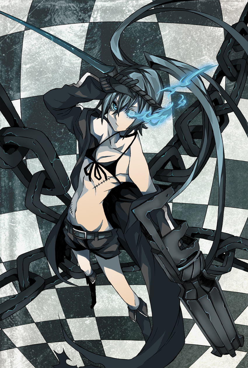 arm_cannon bad_id bad_pixiv_id bikini_top black_hair black_rock_shooter black_rock_shooter_(character) blue_eyes boots burning_eye chain checkered checkered_background checkered_floor coat highres iro_marimo knee_boots long_hair midriff navel pale_skin perspective scar shorts solo sword twintails weapon